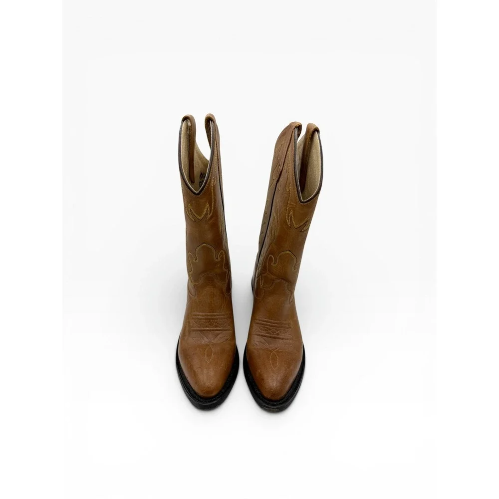 Old West Kids Tan Leather Cowboy Boots CCY8129G Brown Western Pointed Toe 4.0